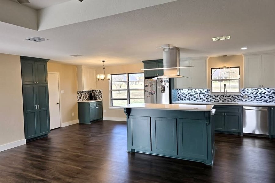 Kitchen remodel Waco TX – teal island kitchen wide view by Gene's Home Care